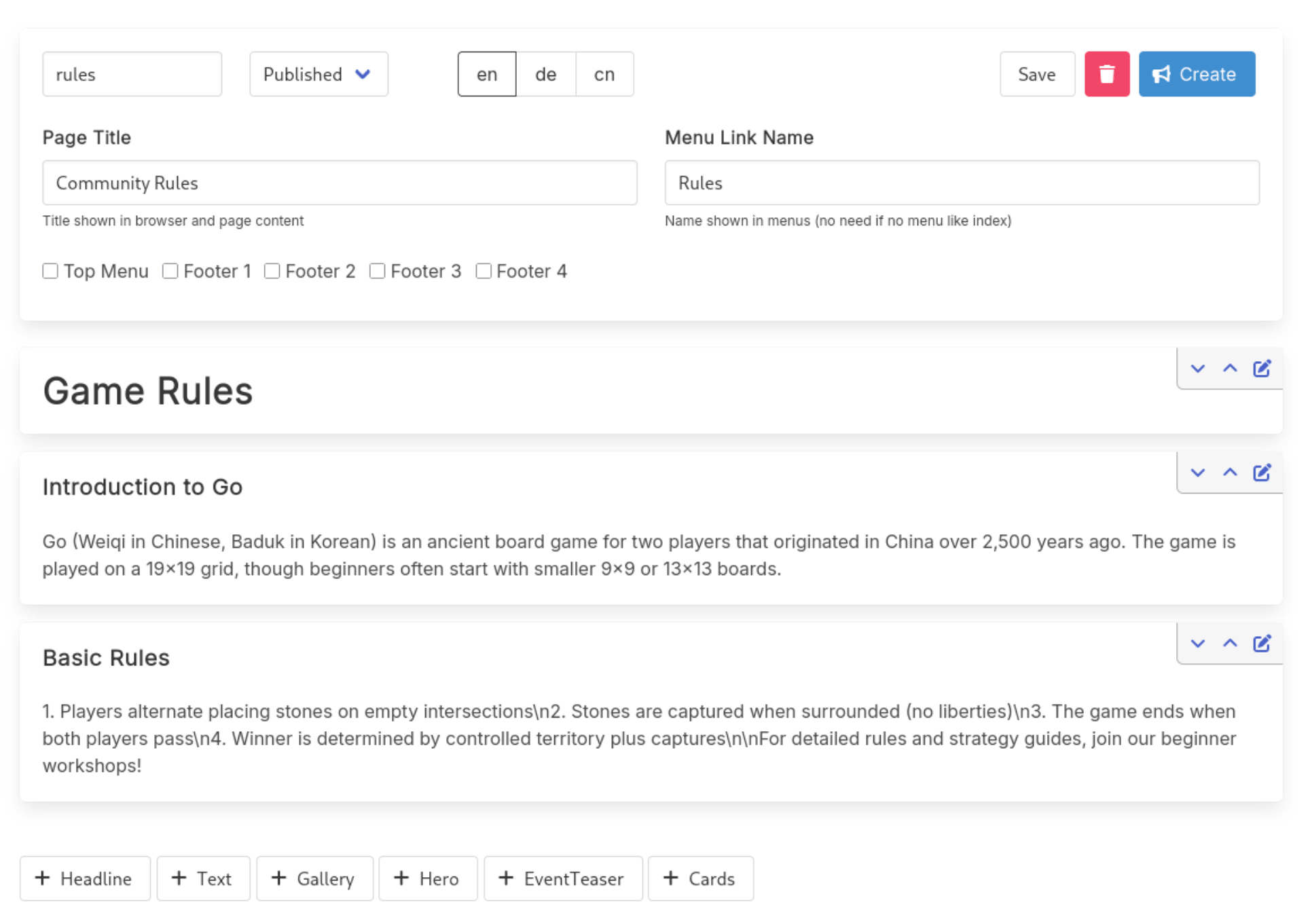 Screenshot: CMS edit view showing the same page in German and English with language switcher tab visible