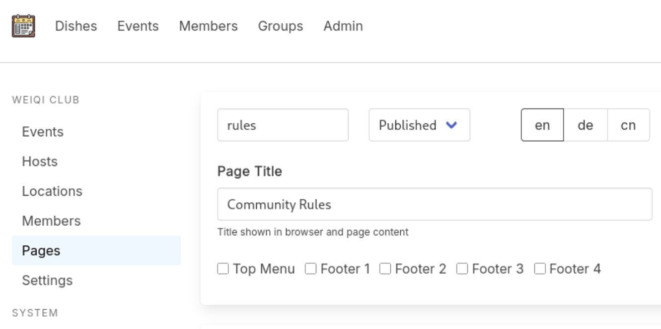 Screenshot: Admin navigation editor showing top menu items being reordered, and a separate footer menu