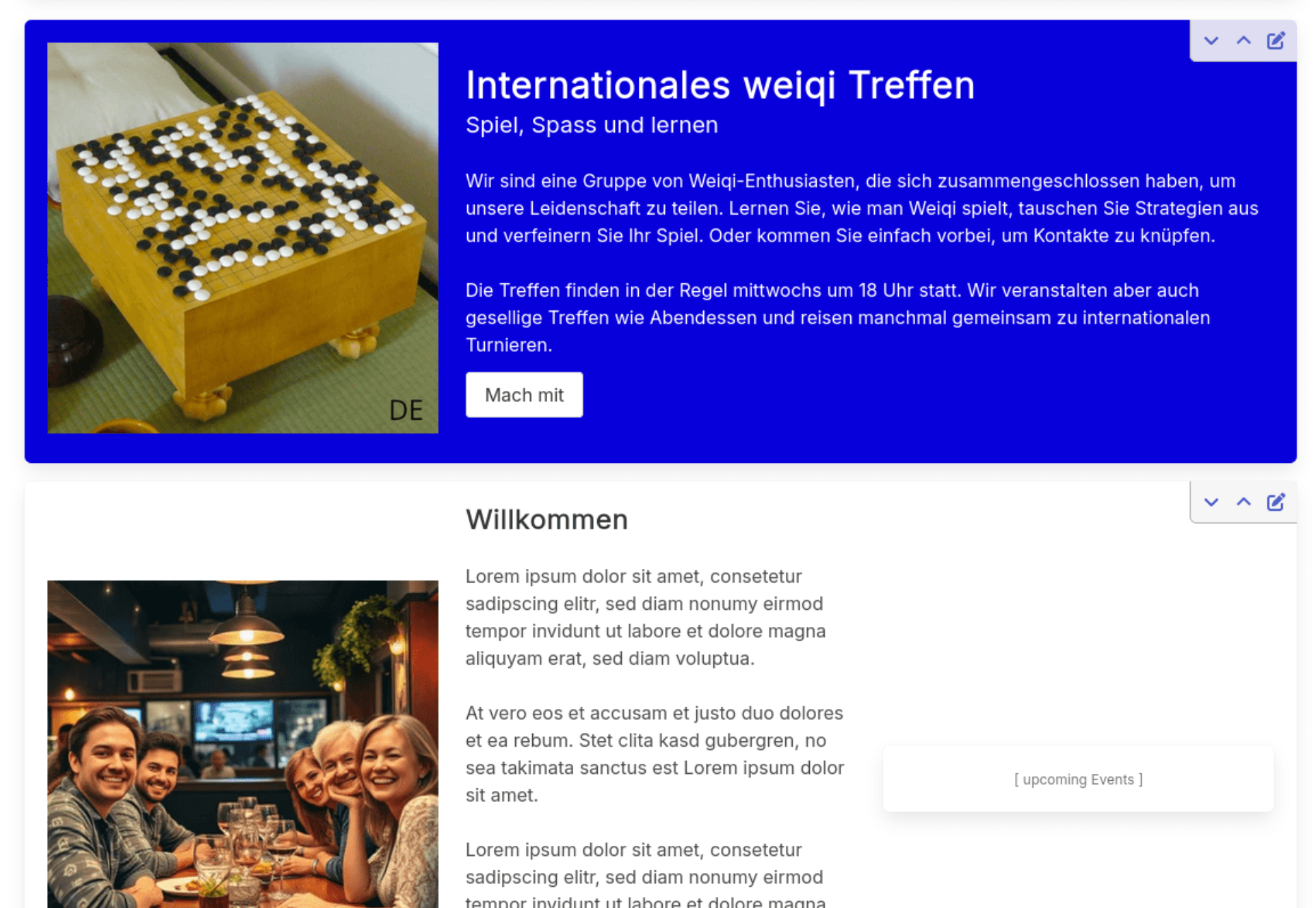 Screenshot: CMS editor showing drag-to-reorder blocks, with block type picker (text, image, gallery, divider)