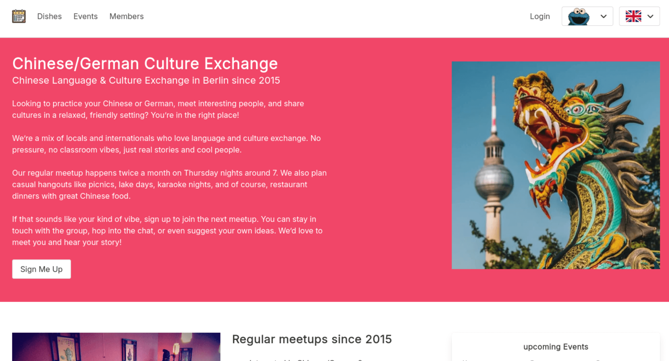 Screenshot: A group site on its own domain with custom logo, custom colours in the header, no MeetAgain branding visible
