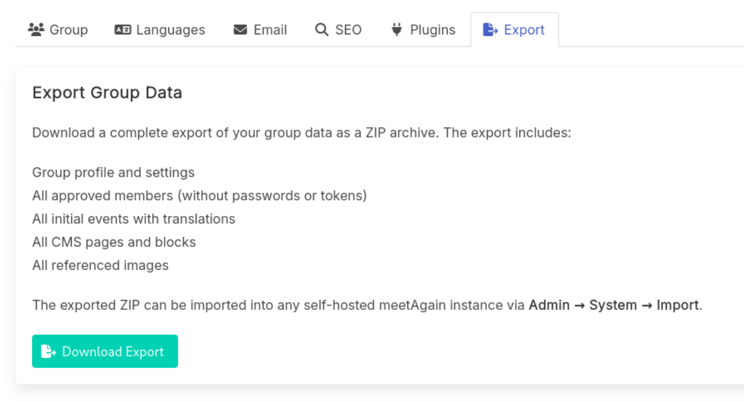 Screenshot: Export page showing Download group archive button with explanatory text about what is included
